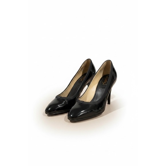 Yves Saint Laurent Shoes - Yves Saint Laurent Black Patent Leather Almond Toe Pumps Grosgrain Trim 37.5